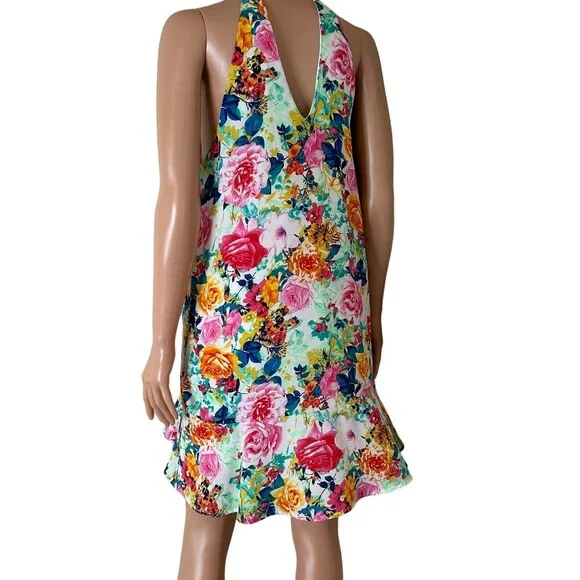 Peach Love dress floral print halter neck short open V back & front SZ MD summer - Picture 4 of 9